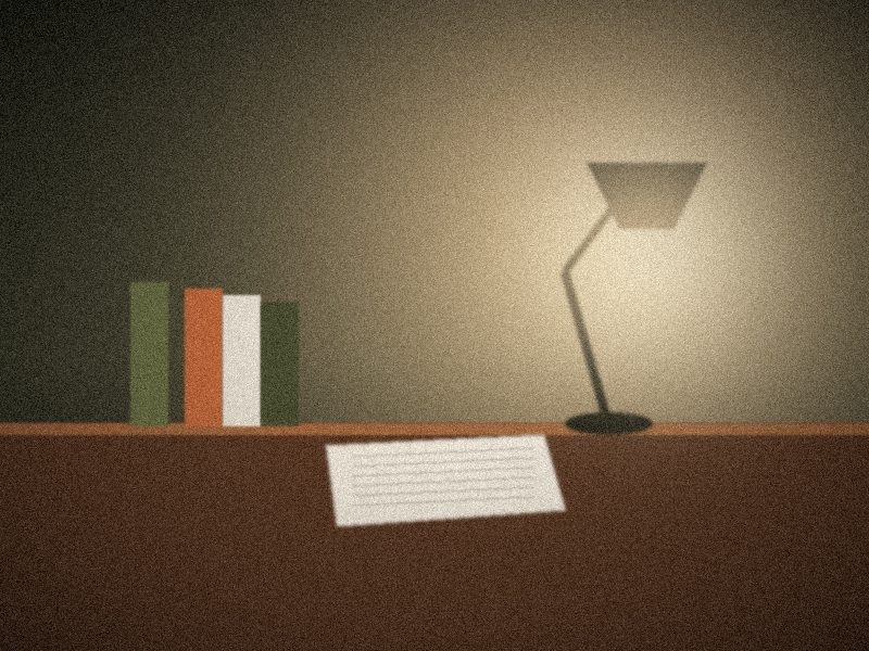 Bureau éclairé par une lampe, livres colorés et document posé sur le plateau en bois