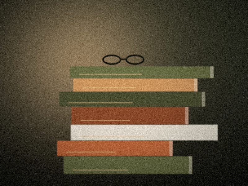 Pile de livres de droit aux couvertures olive et terracotta, surmontée d'une paire de lunettes